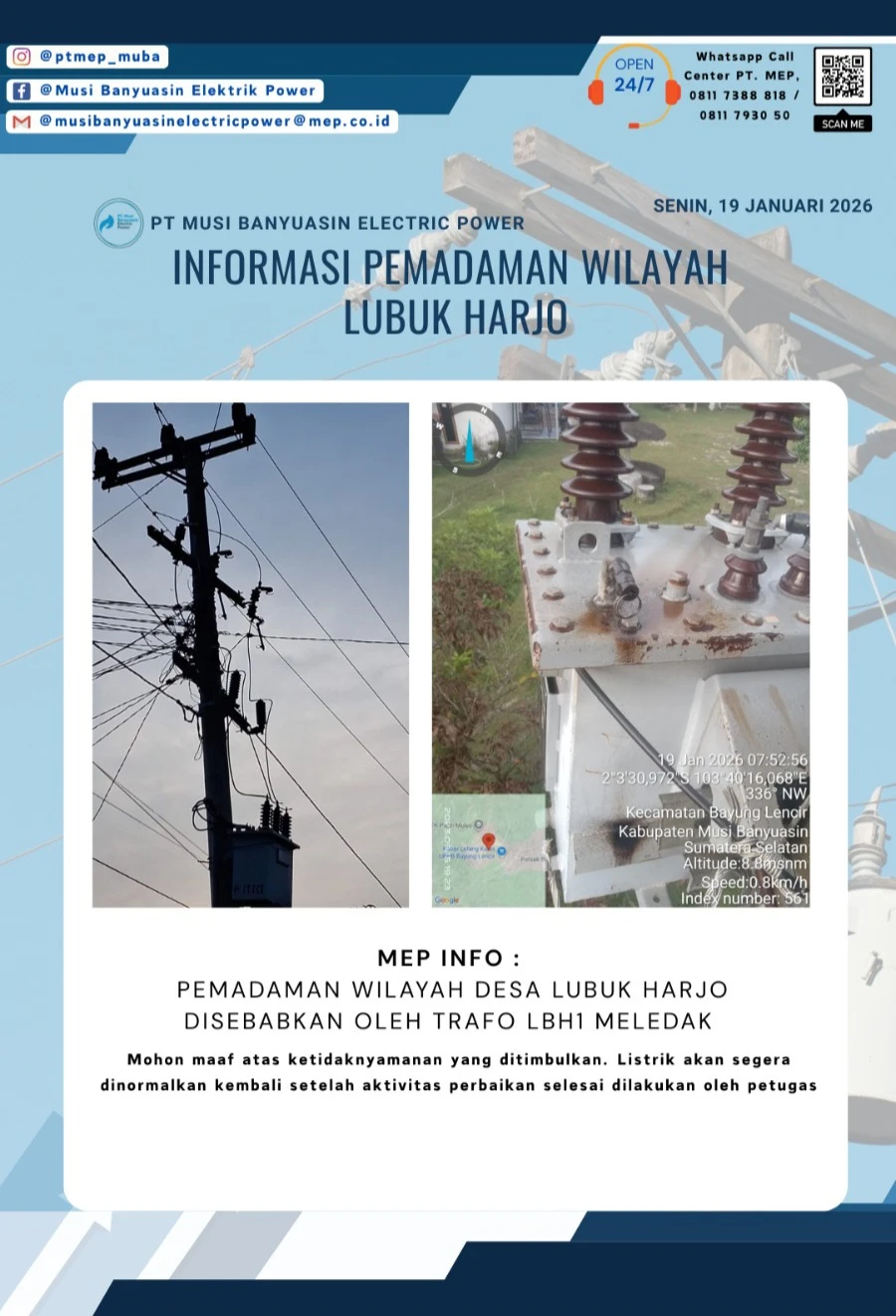 Informasi Pemadaman Wilayah Bayung Lencir Desa Lubuk Harjo Senin, 19/01/2026