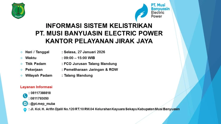 Informasi Pemeliharaan Listrik Terjadwal Di Wilayah Kerja PT MEP Kapel Jirak Hari Selasa Tanggal 27/01/2026