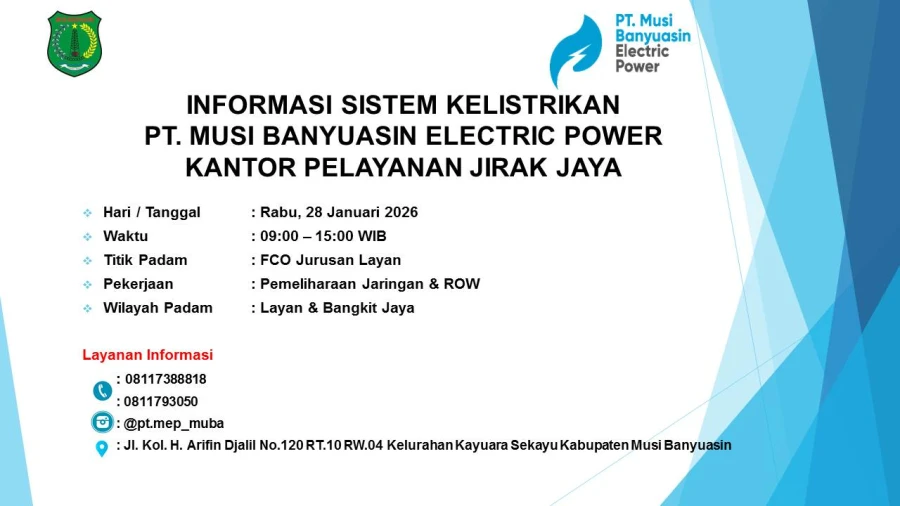 Informasi Pemeliharaan Listrik Terjadwal Di Wilayah Kerja PT MEP Kapel Jirak Hari Rabu Tanggal 28/01/2026
