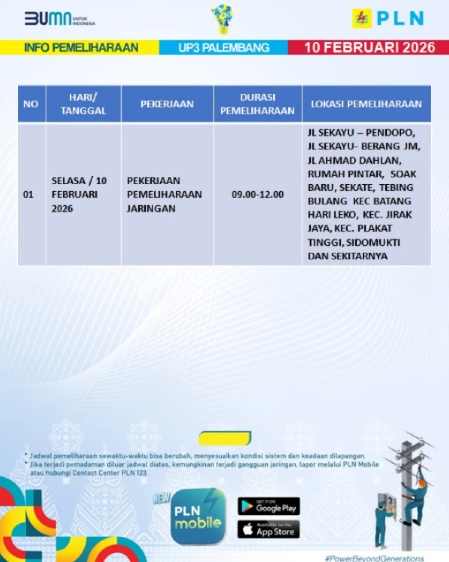 Informasi Terdampak Padam PLN di Wilayah Kerja PT MEP Hari Selasa Tanggal 10/02/2026