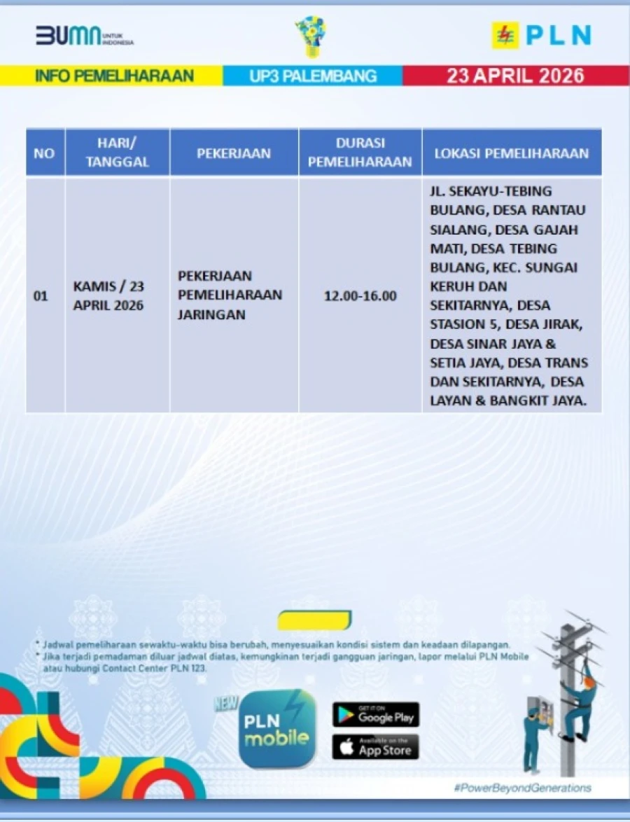 Informasi Terdampak Padam PLN di Wilayah Kerja PT MEP 23 April 2026