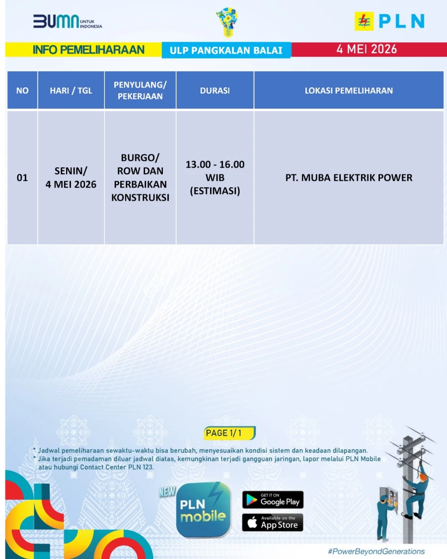 Informasi Pemeliharaan Listrik Terjadwal Di Wilayah Kerja PT MEP Kapel Lais [Tanjung Agung] Hari Sabtu Tanggal 07/02/2026