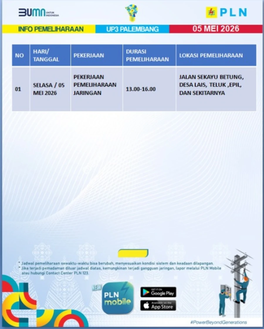 Informasi Terdampak Padam PLN di Wilayah Kerja PT MEP Hari Jumat, Tanggal 05/02/2026
