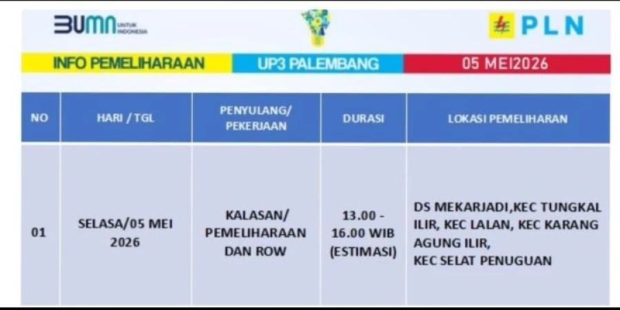 Informasi Terdampak Padam PLN di Wilayah Kerja PT MEP Kapel Lalan P1-P16 Hari Selasa Tanggal 05/02/2026