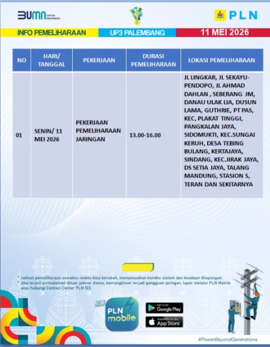 Informasi Terdampak Padam PLN di Wilayah Kerja PT MEP Hari Senin, 11 Mei 2026